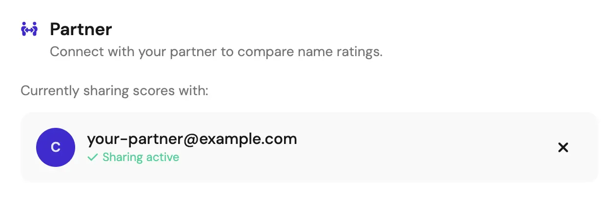 The Partner section showing a connected partner with a Sharing active status
