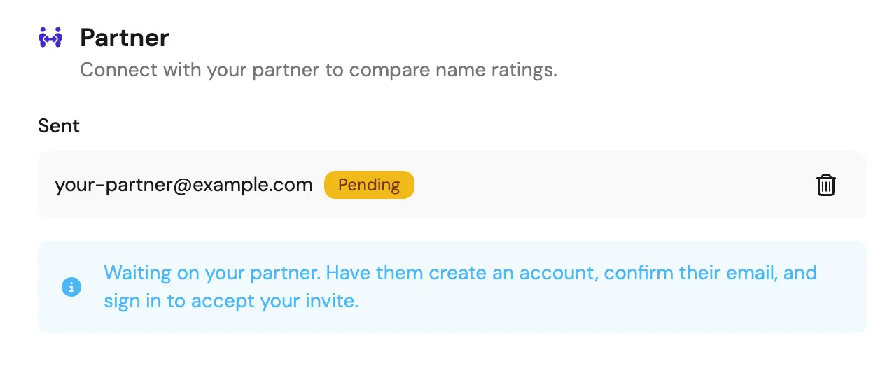 The Partner section showing a sent invite with a Pending badge